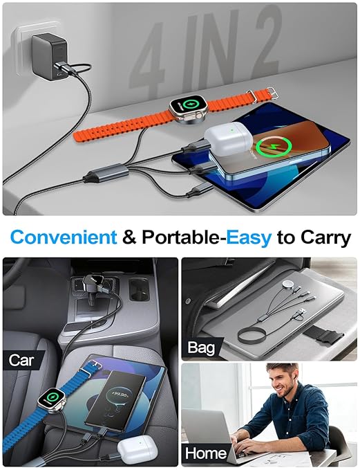 Travel Essentials,Multi Charging Cable for Apple Watch Charger/iPhone Charger/Samsung Charger,USB A & Type C Power Cable for iWatch Ultra/10-2/iPhone 17-11/Samsung S26,Serial Cables,Car[1.5M]