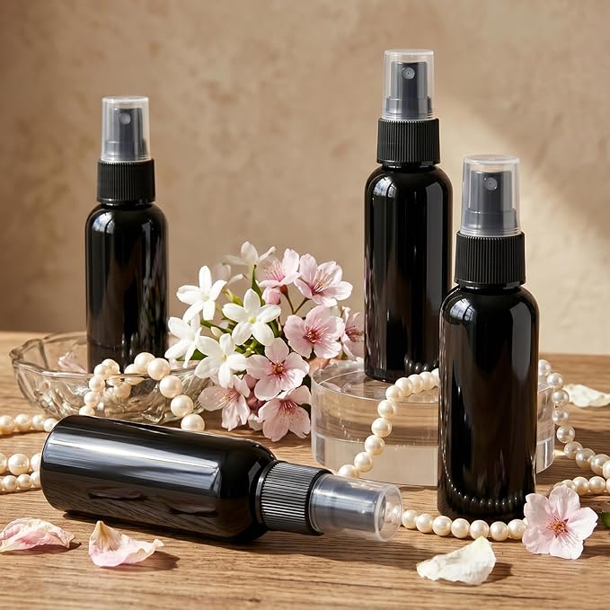 Travel Spray Bottle Set – 10 Pack 50ml (1.7oz) Empty Plastic Spray Bottles, Fine Mist Continuous Spray for Hair, Face Mist, Perfume & Toner, Refillable Travel Size Containers (Black)