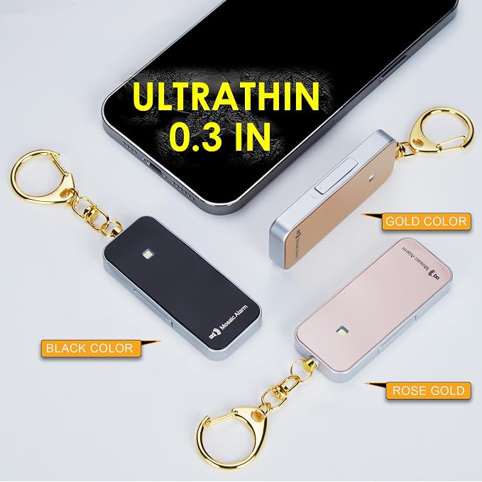 Ultrathin Personal Alarm Rainproof Ultra-Lightweight (0.8 oz) Bulky-Free Keychain Siren for Women, Students Safety. SOS Emergency 130db Hiking Alert Strobe Light. Replaceable Battery. Gold
