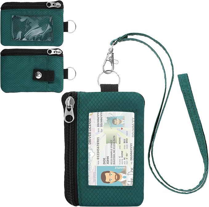 Minimalist Small Wallet for Men Women with 2 Zip Pockets, Multi Functional ID Case with Keychain and Card Holder, Coin Purse Badge Lanyard Pouch for Boys Girls Travel - Peacock Blue&Pink