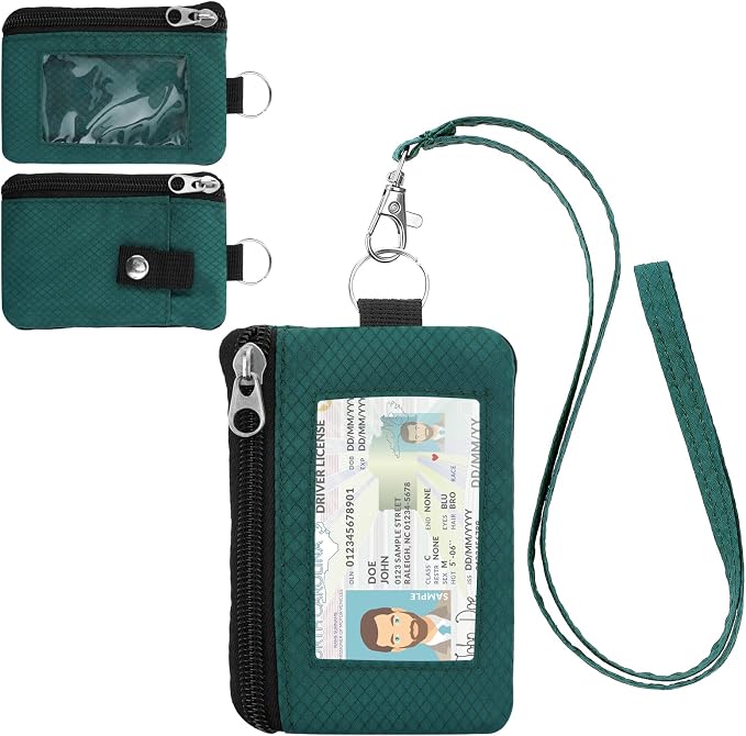 Minimalist Small Wallet for Men Women with 2 Zip Pockets, Multi Functional ID Case with Keychain and Card Holder, Coin Purse Badge Lanyard Pouch for Boys Girls Travel - Dark Green