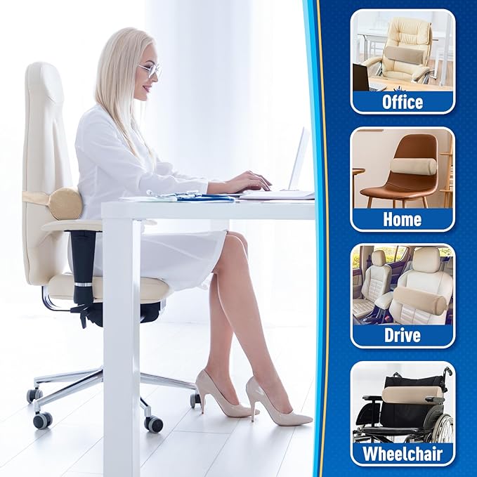 Lumbar Roll Support Pillow for Office Chair, Car, Gaming Chair, Memory Foam Back Cushion with Washable Cover for Relieving Back Pain & Improving Posture, Large,Khaki