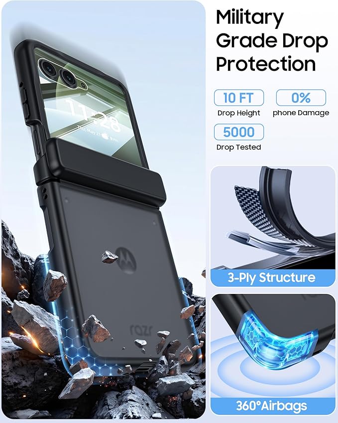 for Motorola Razr+ Plus 2026,Razr+ Plus 2025/2024 Case with Hinge Protection, Screen Protector, Skin Feel Translucent Frosted, Shockproof Cover for Razr+ 2026/2025/2024-Black
