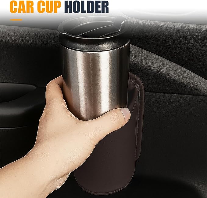 YoRise Leather Car Cup Holder, Scratch-Resistant Clip-On Auto Door Beverage Holders, Universal Hanging Vehicle Back Seat Drink Pocket Organizer for Soda Cans, Water Bottles, Coffee (Brown)