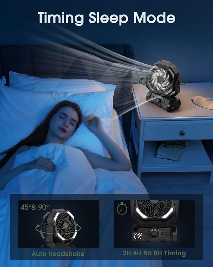 ONLYNEW Portable Camping Fan Rechargeable 20000mAh Battery Operated Oscillating Fan USB C Battery Powered with LED Lantern, Head Rotation,Timer, Remote Auto, Hook for Tents Travel Outdoor Beach Black