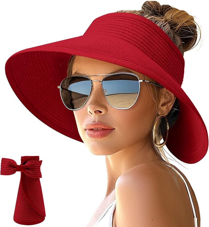 NPJY Sun Hats for Women Wide Brim Roll-Up Beach Ponytail Hat Packable Foldable Travel Straw Visor