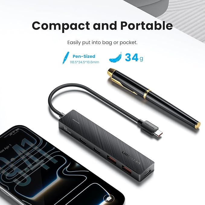 VENTION 10Gbps USB 3.2 Hub, USB Hub with 4 USB 3.2 Ports(USB A*2 Type C*2), PD 100W Chrging USB 3.2 Gen 2 Splitter USB Expander, Black