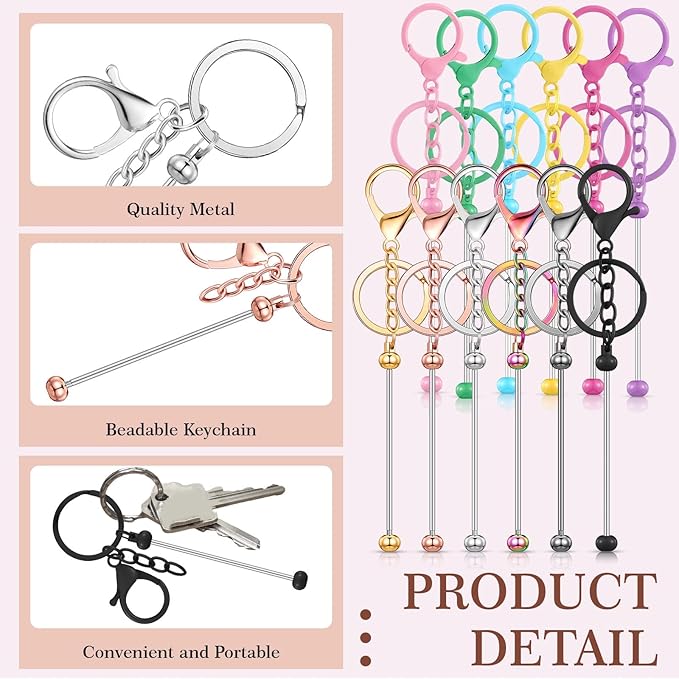 Tondiamo 24 Pcs Beadable Keychain Bars Bulk Beads for Keychain Making Kit Gifts for Women Men DIY Crafts(Multicolor)