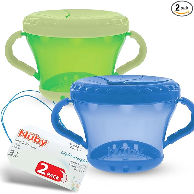 Nuby Toddler Snack Cups with Soft Flaps Lids - (2 Pack) 9 oz - Spill-Resistant Snack Containers for Kids - Portable Food Holders for Travel or Home - Blue and Green