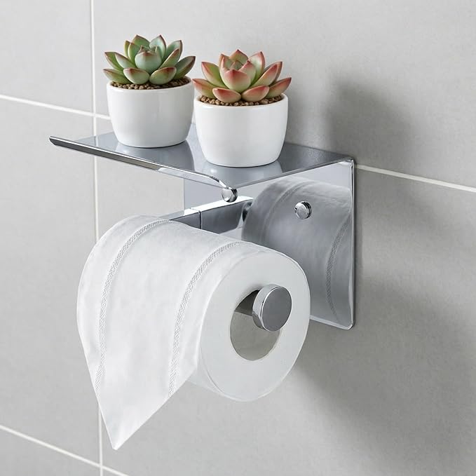 Toilet Paper Holder with Shelf, Heavy-Duty Stainless Steel Bathroom Hardware, Self-Adhesive No-Drill/Drill-Mount Wall-Mounted Roll Holder, Rust-Proof Bathroom Tissue Rack (Chrome)