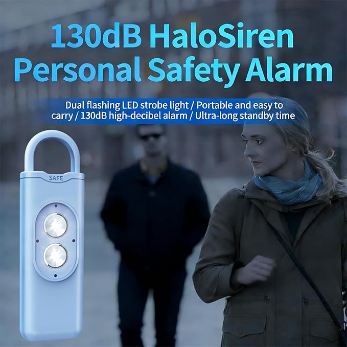 Halo-Siren Keychain, HaloSiren Personal Safety Alarm - 130db Loud Alarm Keychain with LED Strobe Light, Compact Emergency Siren (Double Flashing Lights - White + Copper Ring)