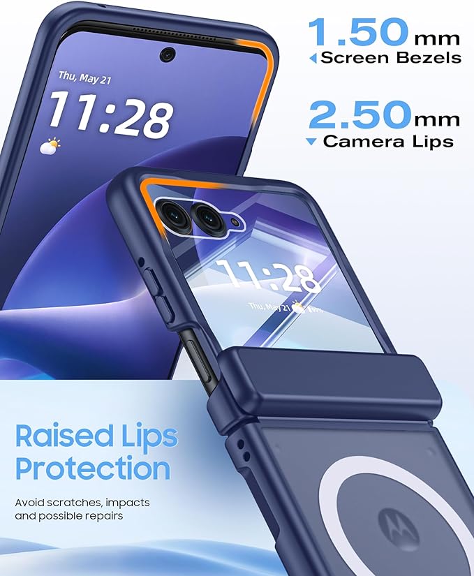 Magnetic for Motorola Razr+ Plus 2026,Razr+ 2025/2024 Case,Hinge Protection, Screen Protector, Compatible with MagSafe, Translucent Frosted, Shockproof Cover for Razr+ 2026/2025/2024-Blue