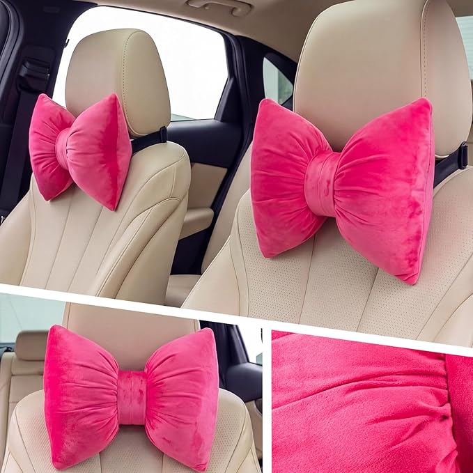 Macarrie 2 Pcs Car Neck Pillow Velvet Bow Headrest Pillow Soft Comfortable Seat Neck Support Cute Bow Car Accessories for Driving Travel Driver Chair Girl Interior Decor (Solid,Rose Red)