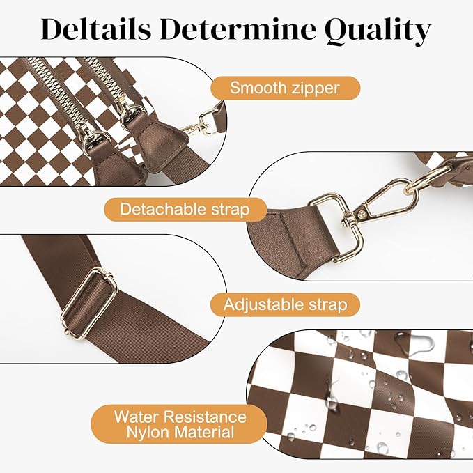 Spacious Nylon Checkered Crossbody Bum Bag for Women, Fashion Checkerboard Fanny Pack Purse with Anti-theft Pocket, Adjustable Wider Strap Wasit Bag (White-Brown)