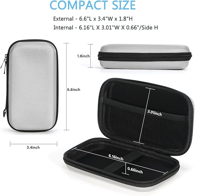 Portable Protection Hard EVA Travel Carrying Case with Mesh Pocket, Shockproof Exterior - Universal Small Electronic Tech Zipper Bag Pouch Organizer for Cell Phone, Charger, Cord, Cable - Silver