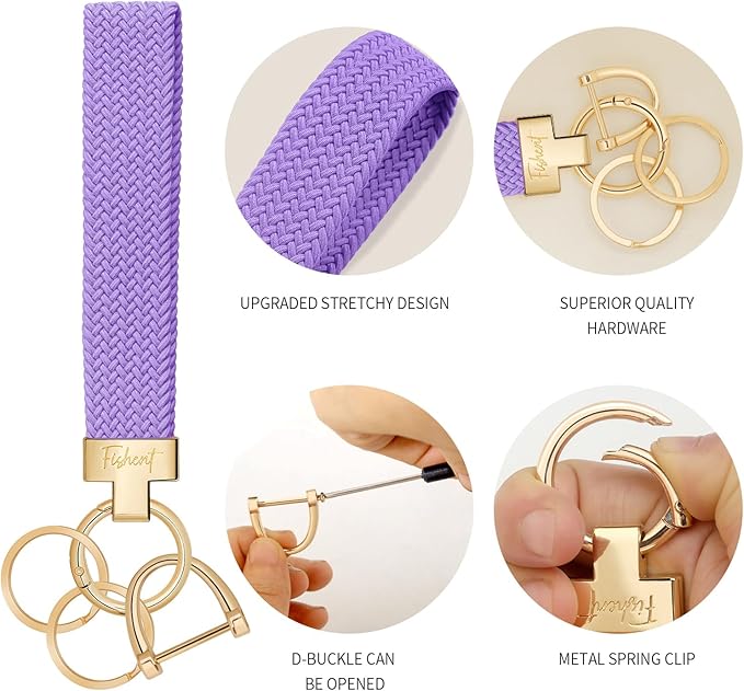 Fishent Stretchy Wristlet Keychain, Cute Key Chain, Woven Wrist Lanyard for Car Keys with 3 Keyrings and D-ring for Women Men