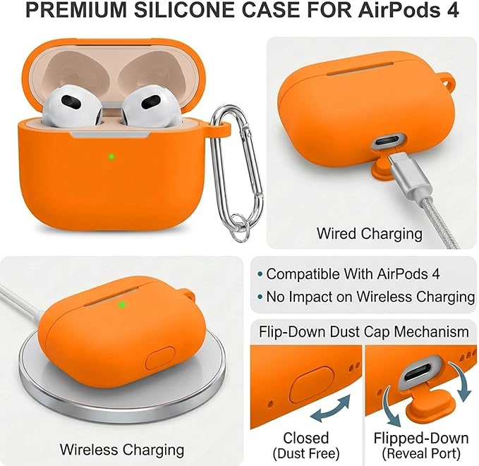 for Airpods 4th Case Cover, Come with Cleaner Kit,Soft Skin Silicone Case Cover with Keychain, Front LED Visibl, Full Protective Case，Compatible with AirPods 4th(Orange)