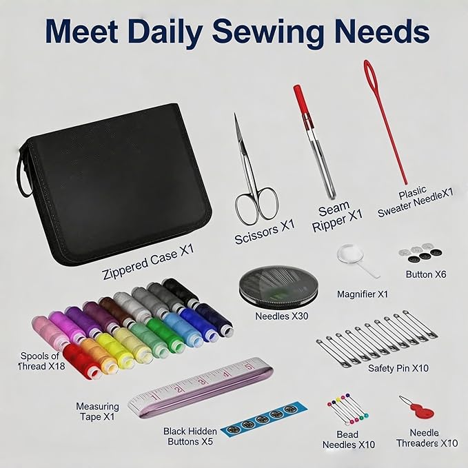 Portable Sewing Kit with Magnifying Glass, 86 Pcs Premium Sewing Supplies for Beginners, Home Emergency & DIY Use