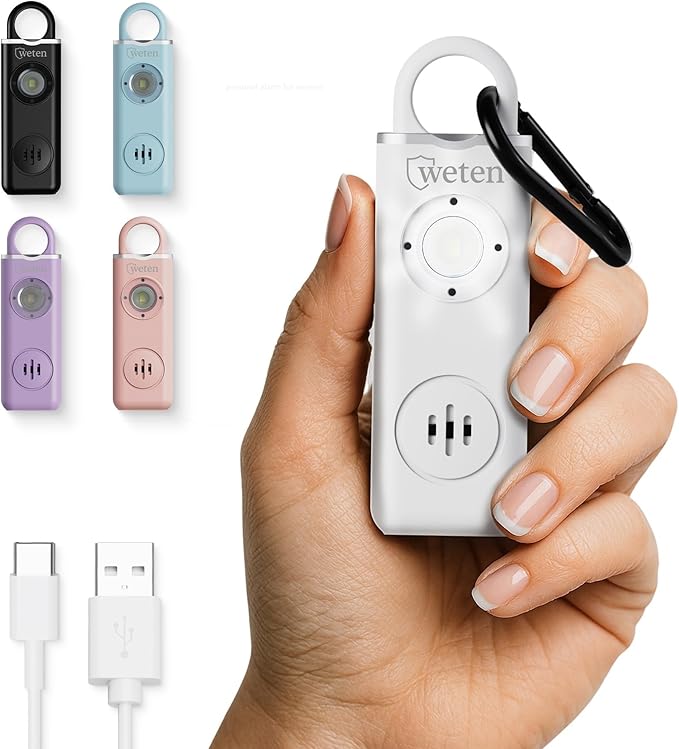 Personal Alarm for Women Safety - 130dB Loud Rechargeable Keychain Siren - LED Light, Carabiner Clip, Low Battery Alert, USB-C Charging TSA Safe Self Defense Alarm by Weten (White)