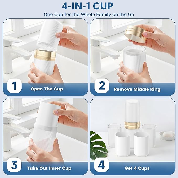 Quatish 4-in-1 Toothbrush Travel Case, Portable Toothbrush Holder with 4 Rinse Cups, Large-Capacity Storage for Toothbrush & Toothpaste, Ideal for Travel, Home, Camping, Gym, Business Trip (White)