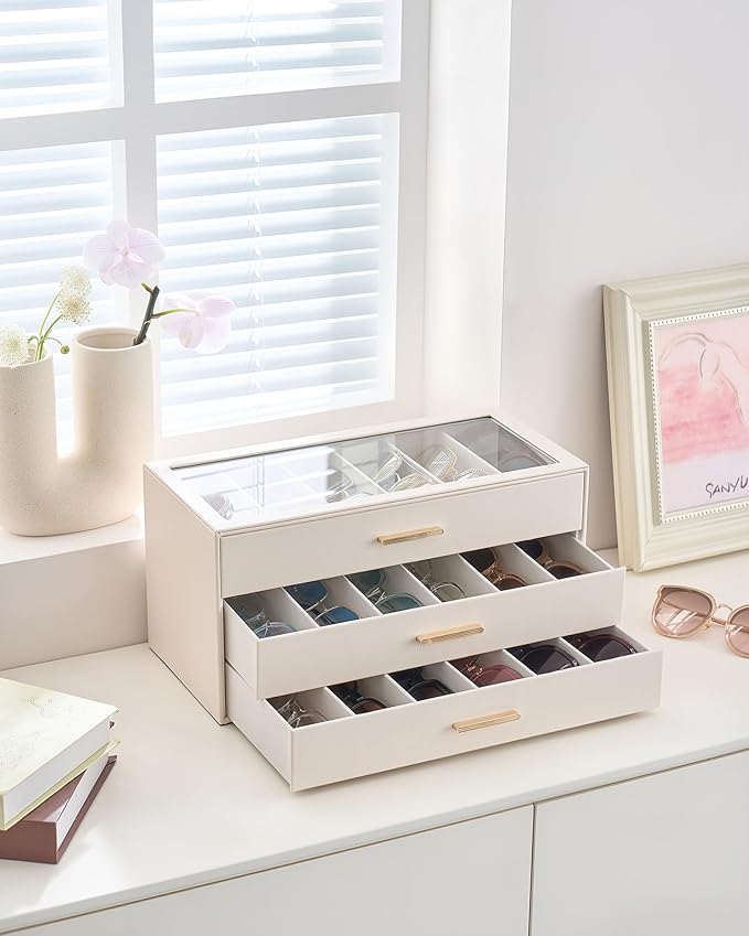 Lolalet Sunglasses Storage Box for Women, Eyewear Eye Glass Organizer with Clear Top Display Holder Case