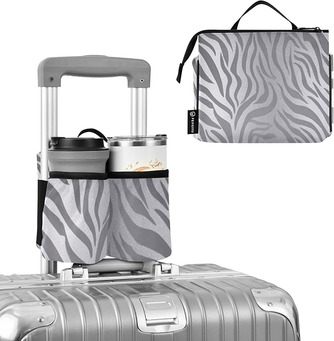 Luggage Cup Holder for Suitcases Free Hands Suitcase Cup Holder Travel Luggage Drink Holder Portable Luggage Cup Caddy Bag Carrier with Handle Light Silvery Zebra Print