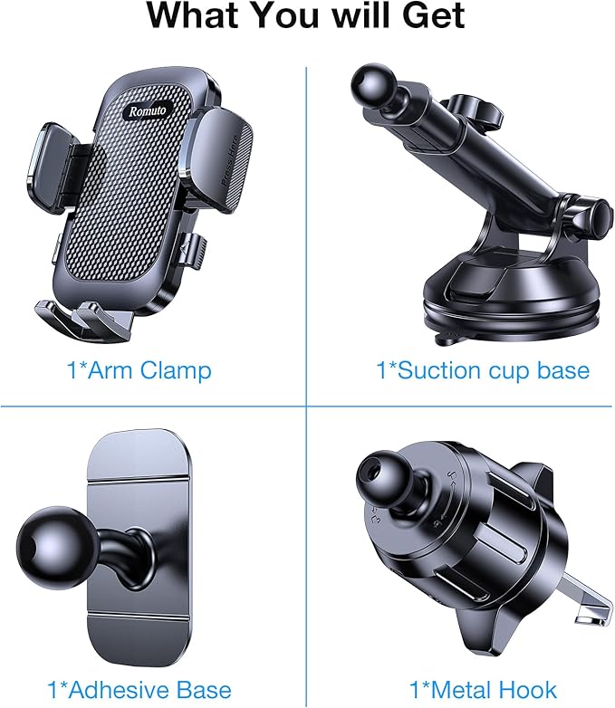 Romuto Phone Holders for Your Car Phone Holder Mount【Strongest Suction】 Cell Phone Mount for Car Dash Pad Car Accessories for Women Men Dashboard/Windshield/Vent Truck Stand Mount for iPhone Samsung