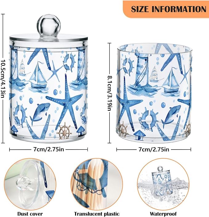 2 Pack Qtip Holder Organizer Dispenser Starfish and Lighthouse Bathroom Storage Canister Cotton Ball Holder Container for Cotton Pads/Swabs/Floss