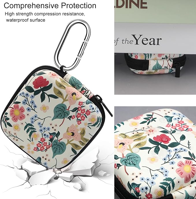 Earbud Case,Headphone Organizer Earbud Storage Bag, Hard EVA Shockproof Cover Carrying Case with Carabiner Clip Compatible with AirPods 4 AirPods Pro 2nd /3/2/1 Bose Galaxy Buds (Flower)