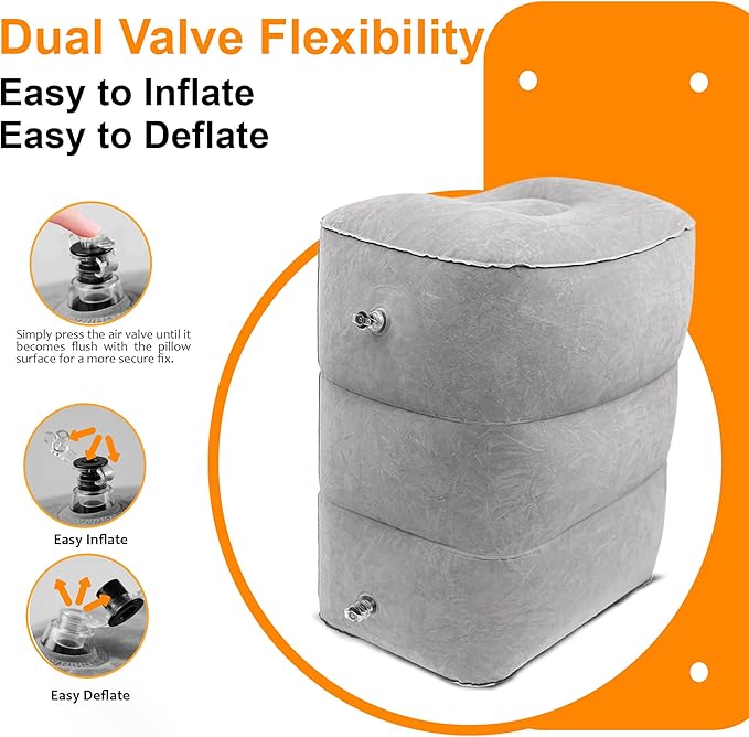 Inflatable Foot Rest Travel Pillow-Adjustable Height Airplane Footrest for Airplane Travel/Car/Train/Home/Office-Airplane Bed for Toddlers, Comfortable Seat Extender for Kids - Grey, 2 Pack