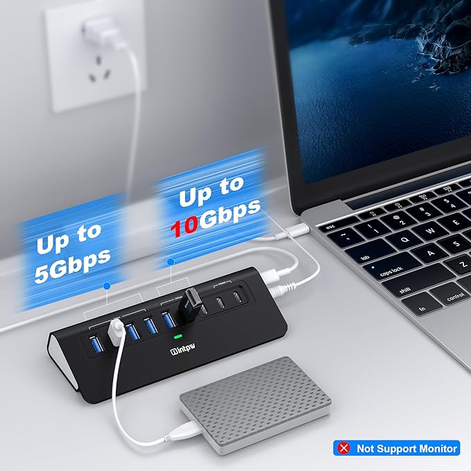 Powered USB Hub 10Gbps, intpw YH6AC 9-Port USB HUB with USB A/USB C 3.2, 4 USB 3.0, 2 PD 45W Charging Port, 65W Power Adapter + 5FT Cable, Aluminum USB Hub for Laptop, PC,iPhone 17/16
