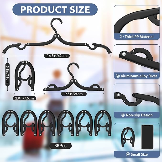 36 Pcs Travel Hangers Portable Foldable Travel Hanger Organizer, Plastic Cruise Ship Essentials 2026 Clothes Folding Hangers for Camping Flying RV Europe Vacation Essentials Suitcase, Night Black