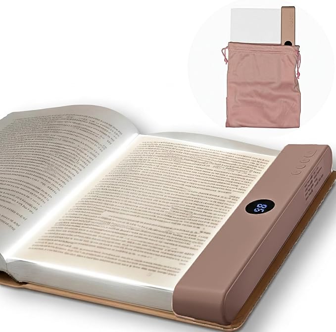 Book Light for Reading in Bed at Night, Rechargeable Flat Book Light with 3 Color Modes & Timer, Dimmable Full Page Light, Clear LED Page Reading Light for Travel(Pink)