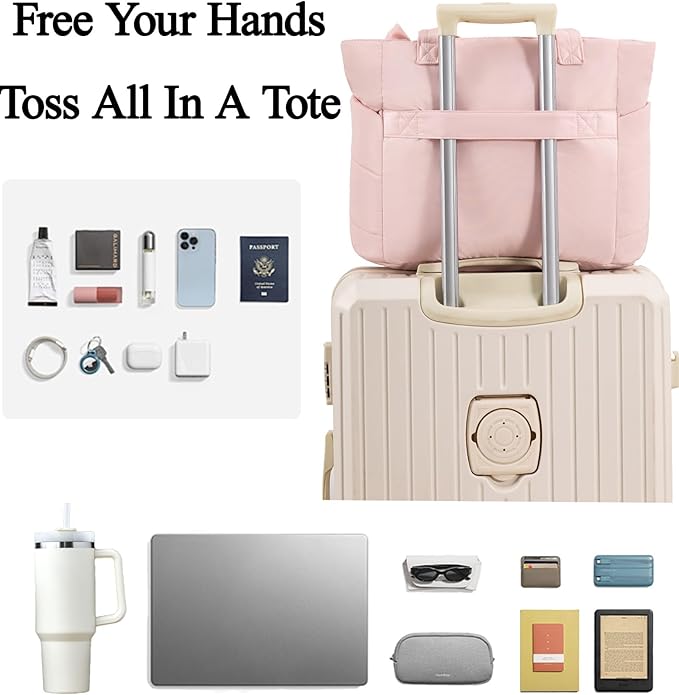 Puffer Tote Bag for Women, Quilted Bow Tote Bag with Cup Holder & 15.6 In Laptop Compartment for Work, Travel, Gym, College