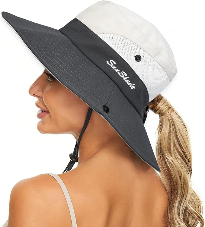 Women's Summer Sun-Hat Ponytail - Outdoor UV-Protection Mesh Wide Brim Foldable Hat with Ponytail Hole