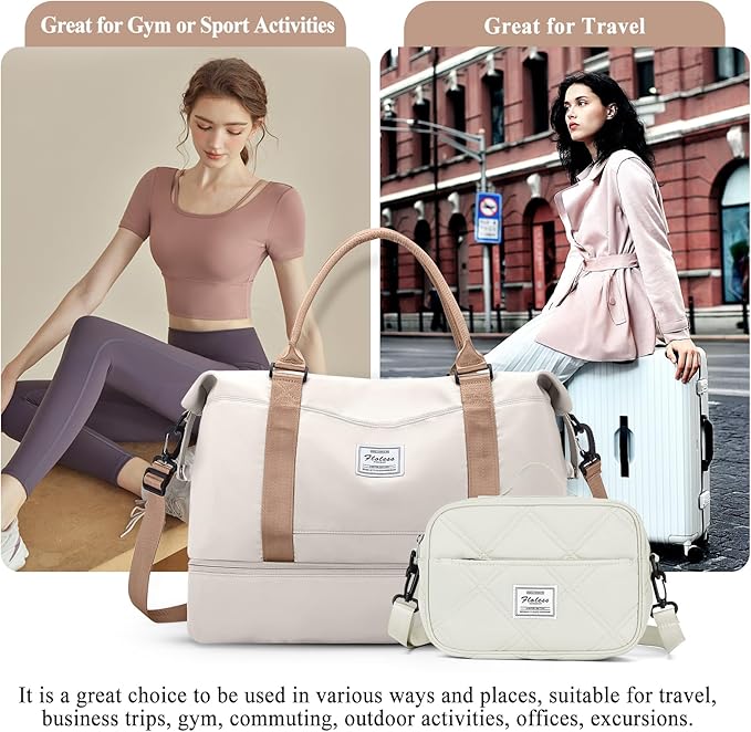 Weekender Bags for Women,Personal Item Travel Bag with Shoes Compartment,Overnight Travel Duffel Bag with Quilted Toiletry Bag,Beige&Brown