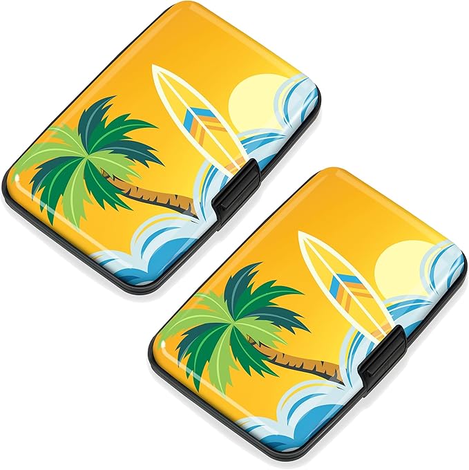 Mayski 2 Pack Credit Card Holder for Women, RFID Blocking, Tropical Surfing Aluminum Alloy Hard Case, Small Mini Business Metal Wallet for Men