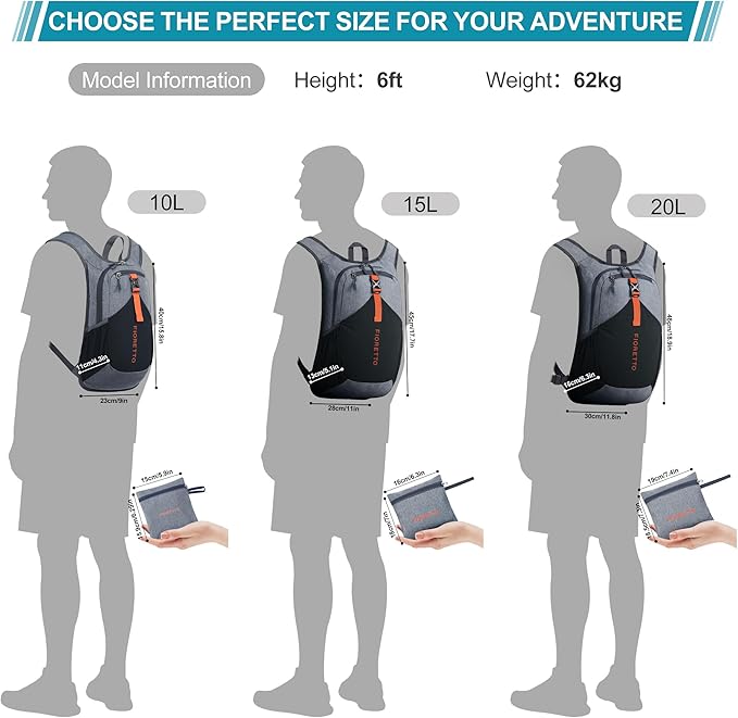 FIORETTO 10L Hiking Backpack for Women Men Mini Packable Backpack Lightweight Small Daypack for Camping Travel Outdoor, Grey and Black