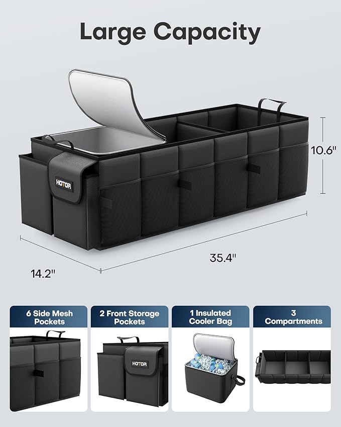HOTOR Trunk Organizer for Car & SUV, Sturdy Car Organizer with Removable Cooler, Large Foldable Trunk Organizer with Cooler, 3 Compartments, Adjustable Straps, Black, 35.43”×14.17“×10.63”