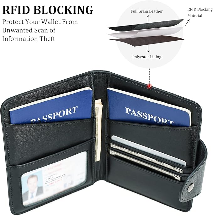 Polare Napa Leather Slim and Soft RFID Blocking wallet For Men Snap Bifold Travel Wallet Passport Holders 2 Passports (Black)