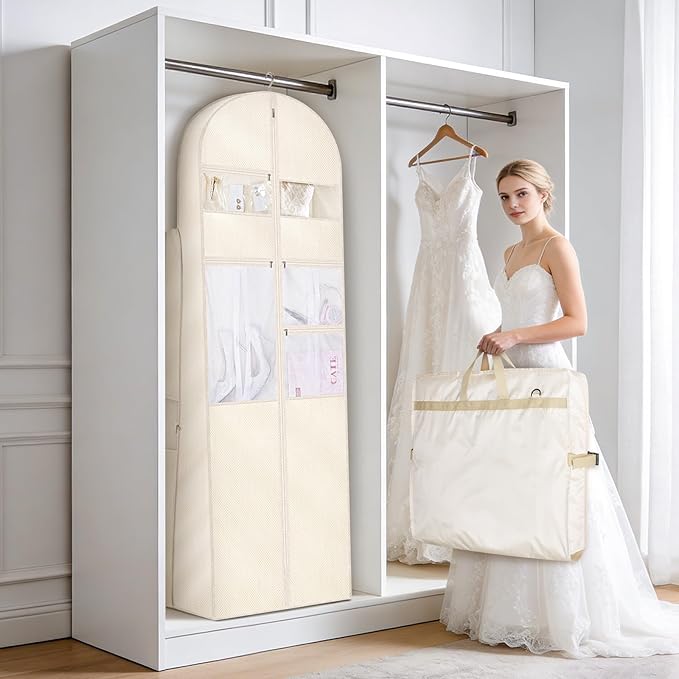 KEEGH 72" Wedding Dress Garment Bag - Tri-Fold Design Bridal Dress Bag with Shoulder Strap & Handle, Heavy-Duty Checkered Oxford Fabric for Long Wedding Gowns & Formal Gown Storage, Beige
