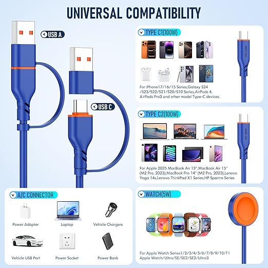 Travel Essentials 3 in 2 Multi Charging Cable 100W USB A/C to Dual USB C/for Apple Watch Charging Cable Silicone Fast Charge Compatible with iPhone 17-15 Series iPad MacBook, Type-C Devices 5FT-Blue
