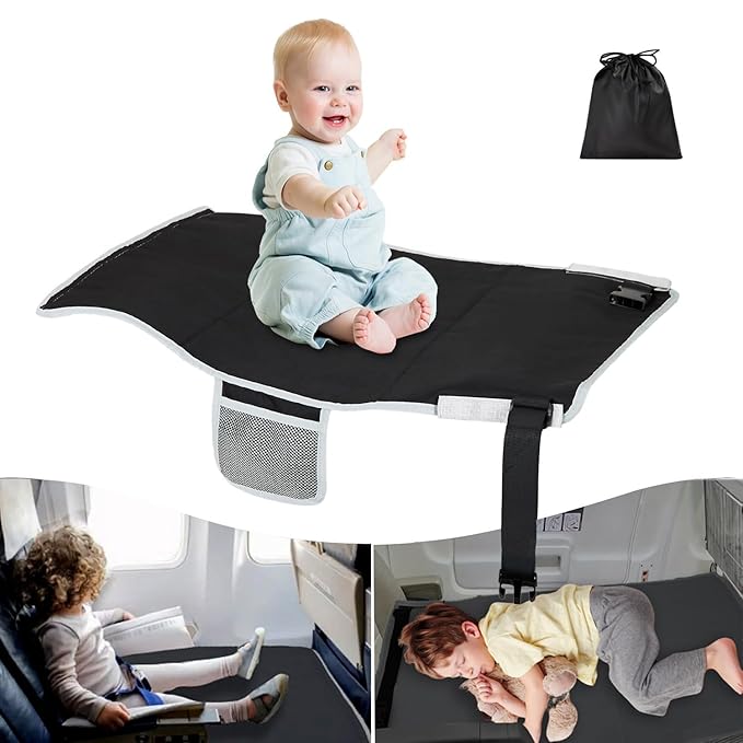 FOTN Toddler Airplane Bed, Kids Plane Seat Extender Travel Bed, Airplane Travel Essentials Kid, Airplane Must Have for Toddlers, Portable Plane Bed Footrest for Flights (Black)