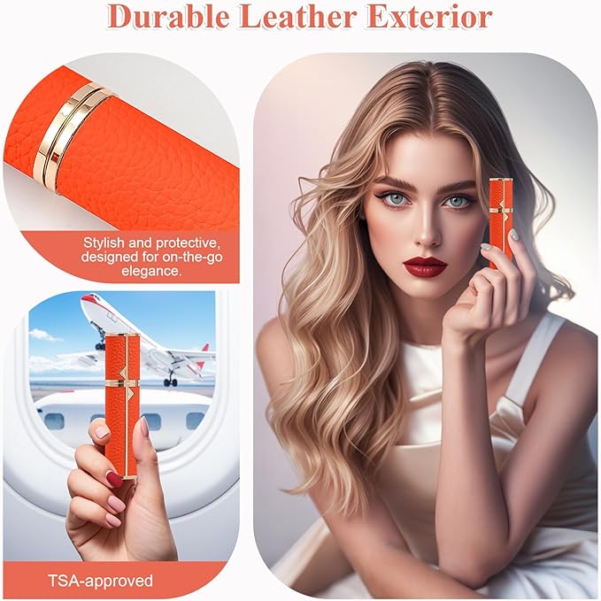 Refillable Travel Perfume Bottle – Fine Mist Atomizer, Bottom Fill, Genuine Leather Shell, TSA Approved, For Daily Refresh & Travel (Orange, 10ml)