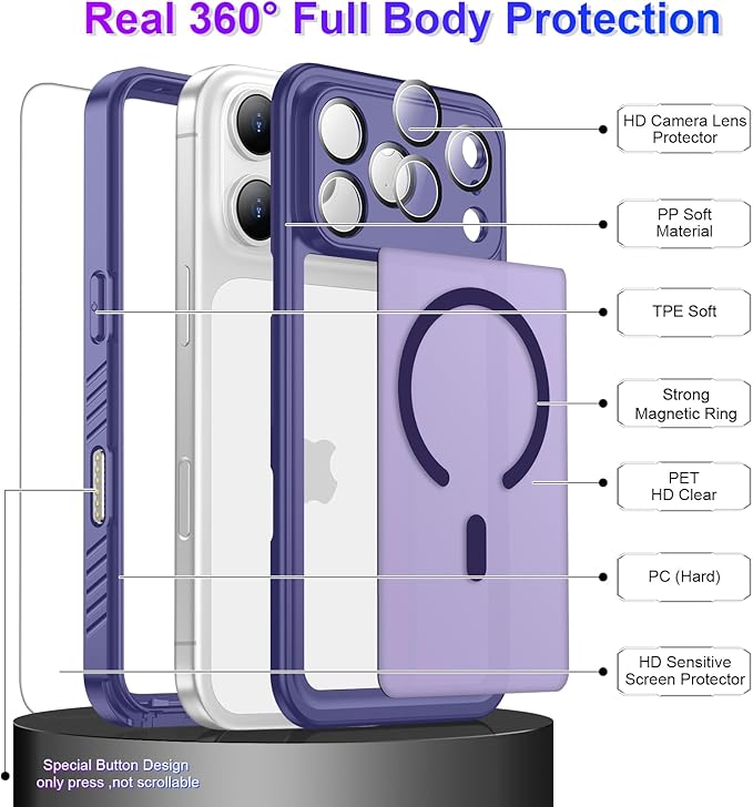 Magnetic Compatible with iPhone 17 Pro Max Case,Waterproof Built-in Screen & Camera Protector IP68 Underwater Full Body Military Dropproof Translucent Matte Phone Case 6.9"-Mag/Purple