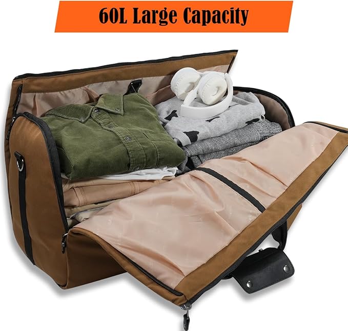 WELKINLAND 2-Suit Garment Duffle Bags for Travel Men, 60L-Large Carry on Garment Duffel Bag, Convertible Garment Duffel Bag w/Shoe Compartment, Foldable Garment Bags for Hanging Clothes Travel