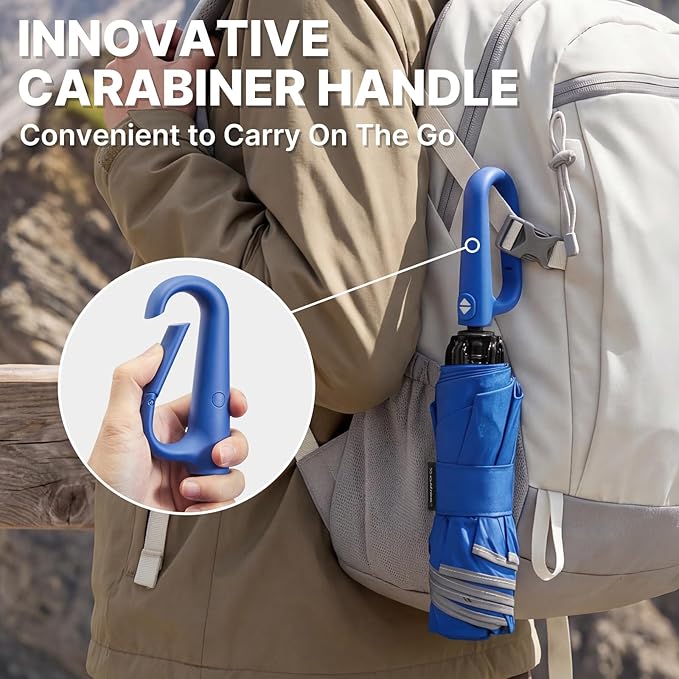 G4Free 46inch Ring Buckle Umbrella, Inverted Design with Carabiner Handle, Compact Travel Umbrella with Reflective Strip, Automatic Windproof for Rain