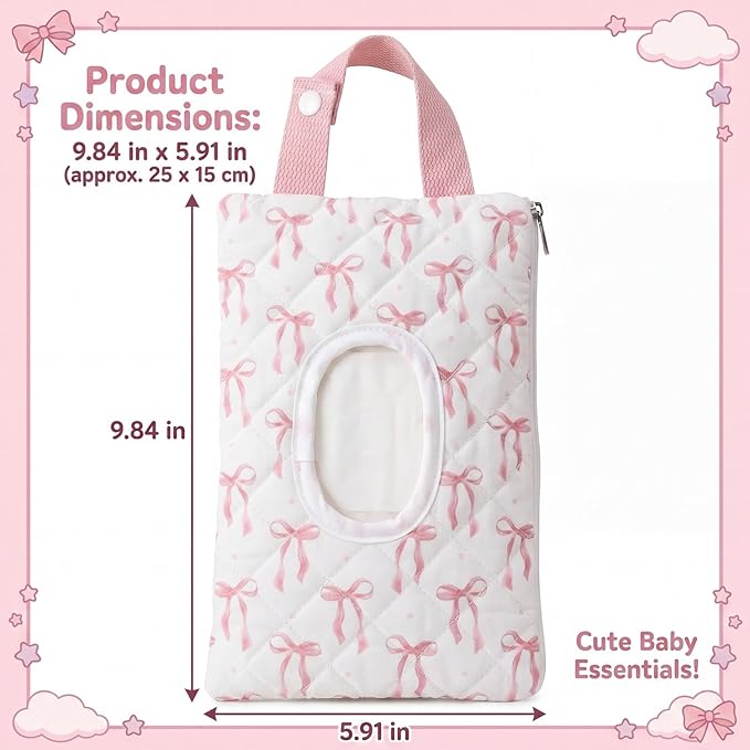 Quilted Pink Bow Baby Wipe Holder Fabric Wipes Dispenser Bag with Handle Portable Wet Wipes Pouch for Baby Travel Home Car Stroller