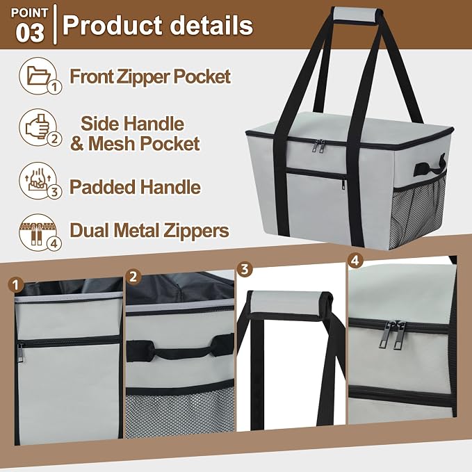 Reusable Grocery Bag – Expandable Insulated Cooler Bag with Bottom Board, Collapsible Insulated Shopping Bag with Zipper & Drawstring, Heavy Duty Tote Bag for Shopping, Delivery, Picnic, Beach