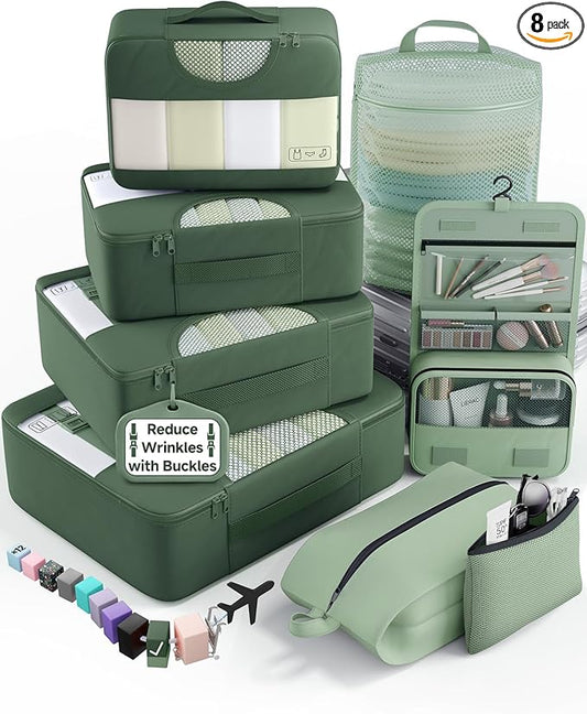 Veken 8 Set Packing Cubes for Travel Essentials,Anti-Wrinkle Buckled Suitcase Organizer for Shoe & Toiletry Bag,Carry On Luggage Bag for Airplane & College Dorm Room Accessories,Women Men Gifts